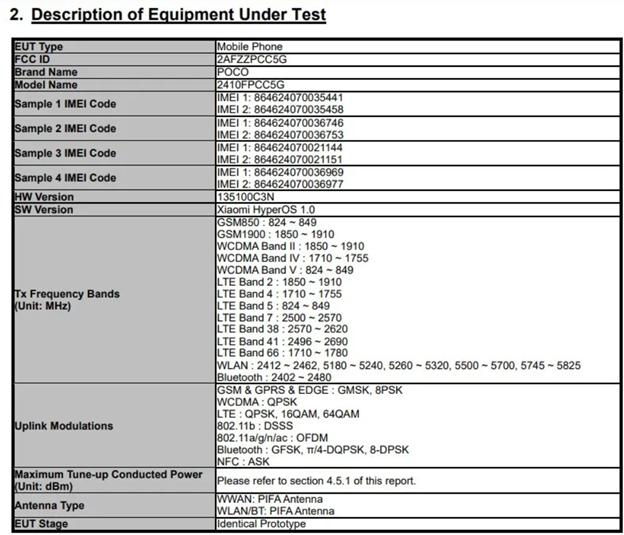 FCC listing highlights the POCO smartphone with the 2410FPCC5G model number