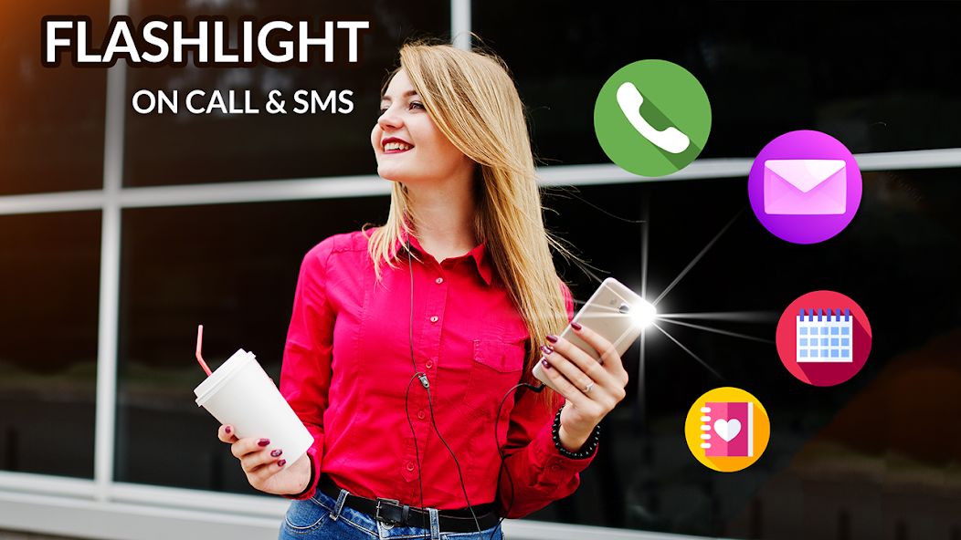 The app is equipped with a flashlight for incoming calls, flash alerts for notifications, SMS, and a caller name announcer.