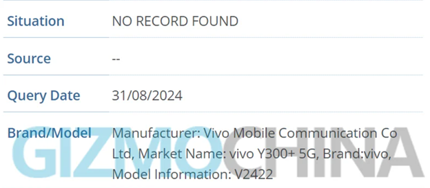 Vivo Y300+ 5G spotted in the IMEI database. (Screenshot Credit - Gizmochina).