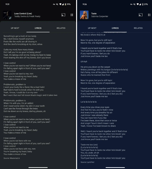 Live lyrics feature issue affects both old and new songs (Image Credit - 9to5Google). 