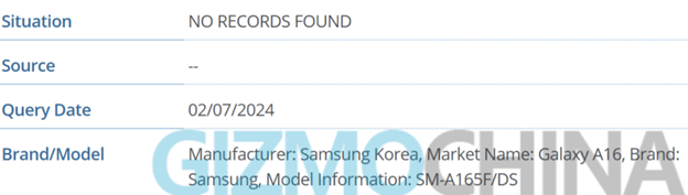 Galaxy A16 4G appeared in the IMEI database with the model number SM-A165F/DS (Screenshot Credit - Gizmochina).